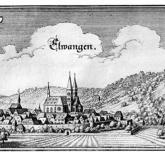 Kupferstich von Matthäus Merian von Schloss und Stadt Ellwangen von 1643