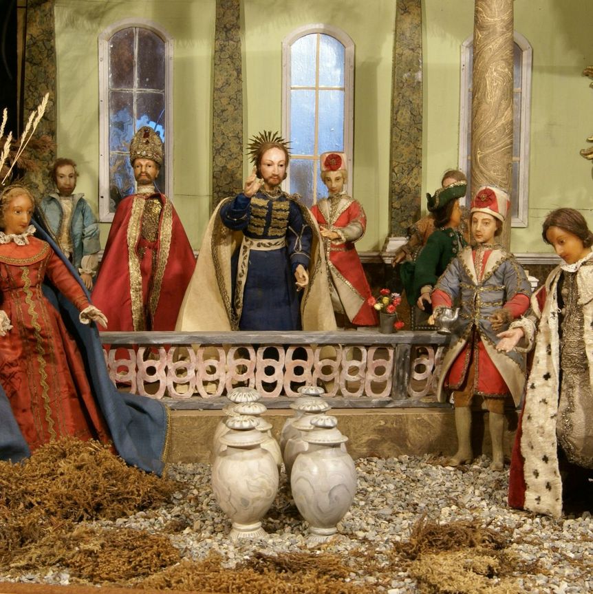 Schloss ob Ellwangen, Detail, Barockkrippe, Hochzeit zu Kana, um 1760/1770